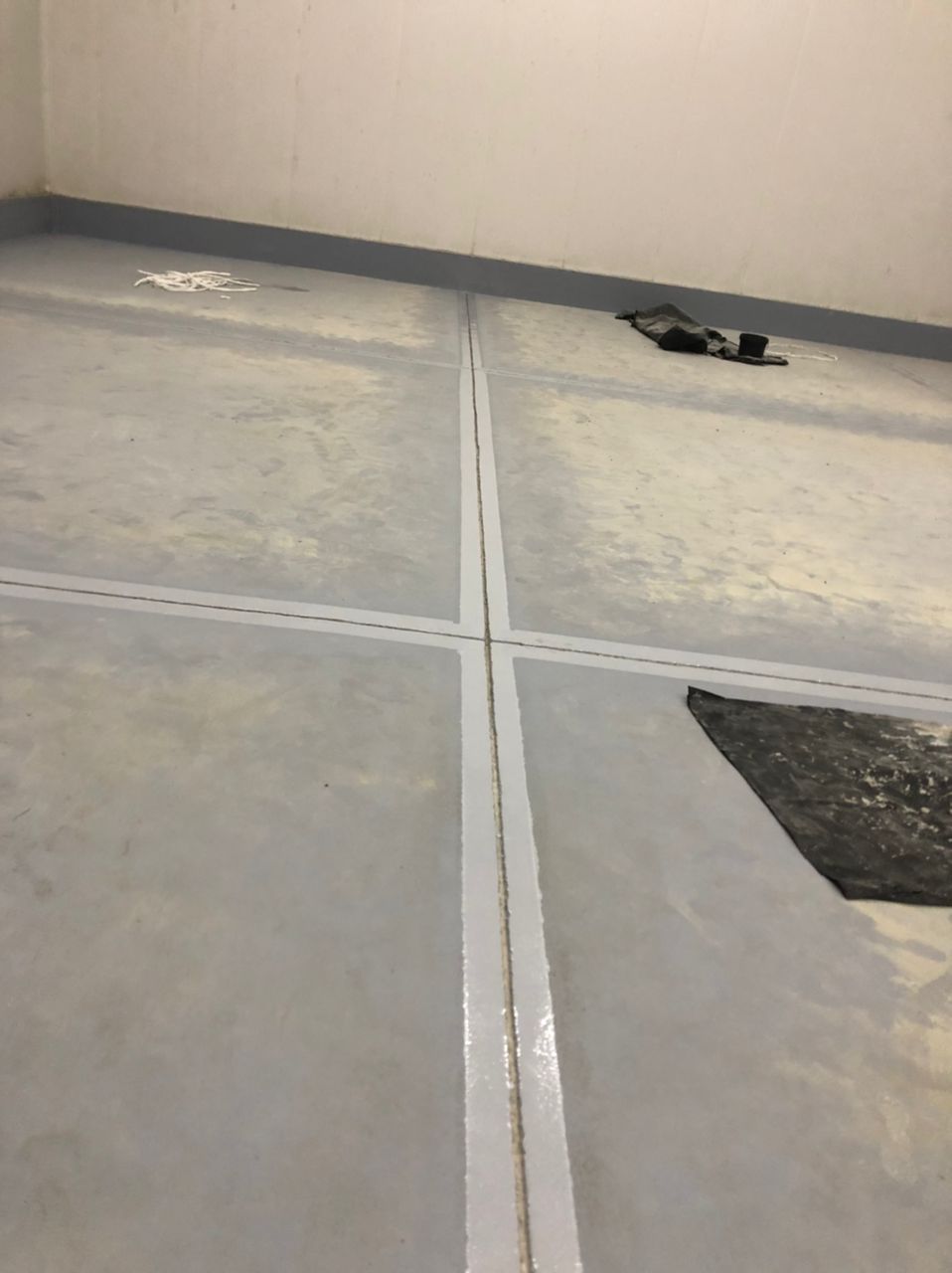 Newly coated joint line running across the cold store floor